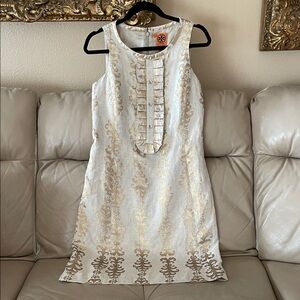 $450 Tory Burch Maggie Gold Brocade Sleeveless Shift Dress